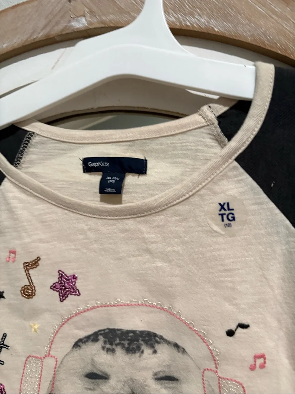 GAP Cream Front with Black Raglan Owl Headphone Graphic Long Sleeve Tee